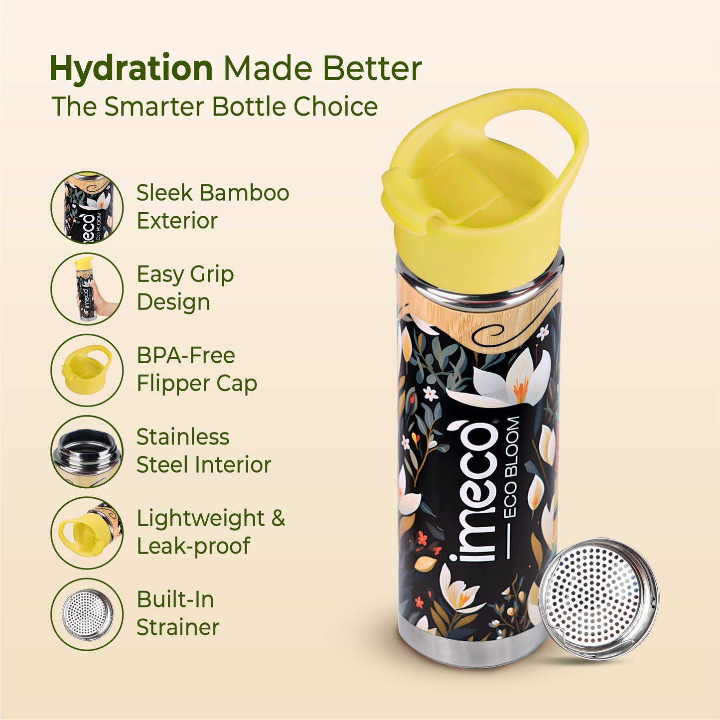 ECO-BLOOM Bamboo Printed Water Bottle - Leakproof & Eco-Friendly (500ml)
