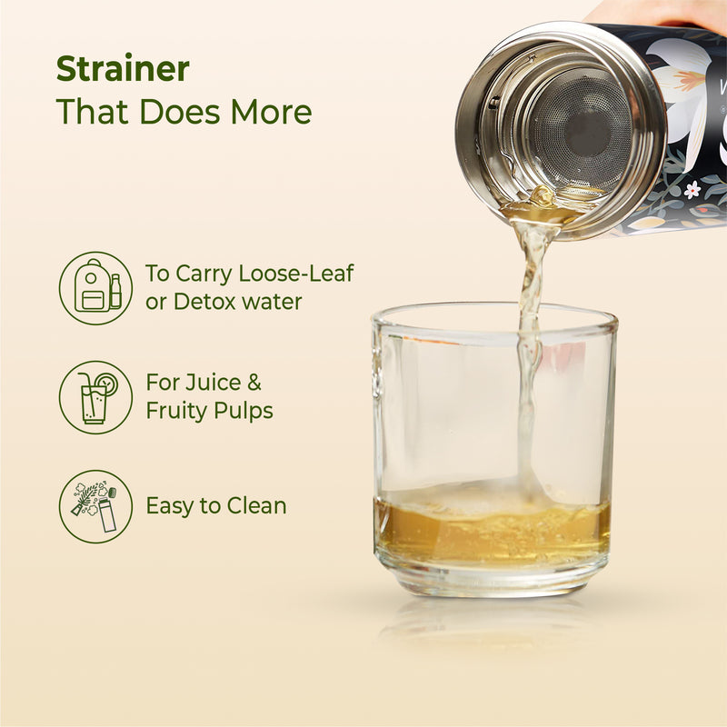 imeco bamboo water bottle with a strainer being used to pour liquid into a glass with text highlighting its features.