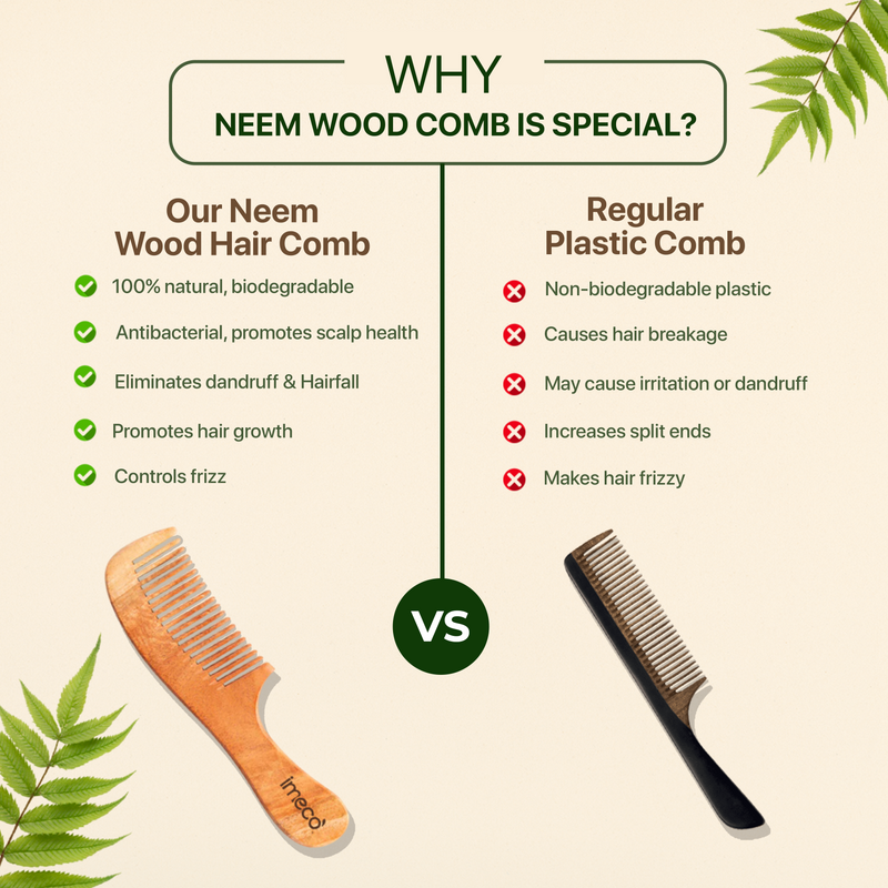Comparison chart of neem wood comb and regular plastic comb with green leaves on a beige background.