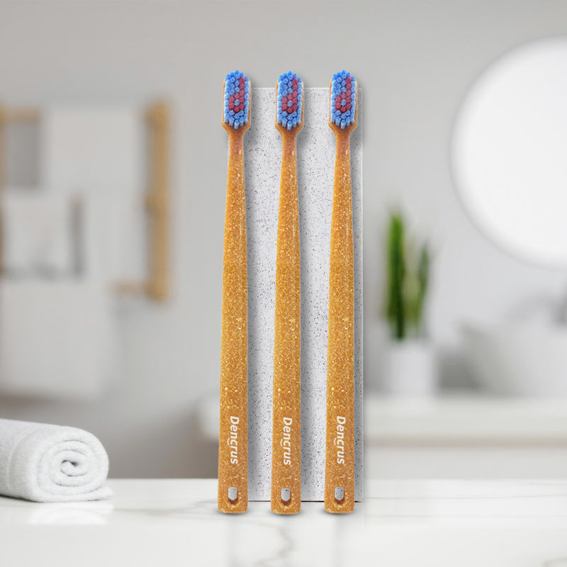3 bamboo toothbrushes with blue and red bristles with 'Dencrus' branding.