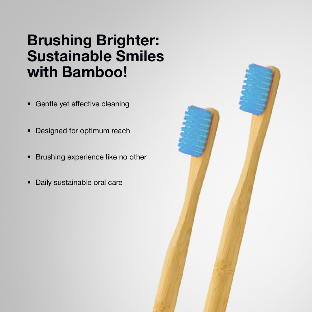 Two Dencrus ORBY Plus bamboo toothbrushes with blue bristles on a grey background.