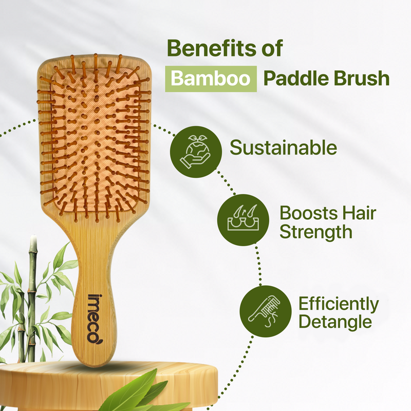 Bamboo paddle brush with benefits listed on a white background