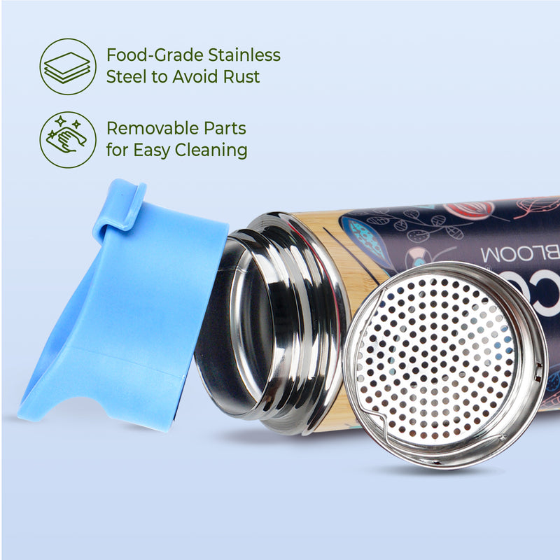 imeco bamboo water bottle with the blue cap and a strainer against a blue background