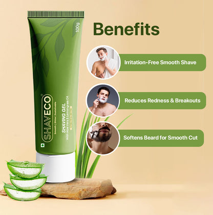 Shaveco shaving gel tube with benefits listed on a beige background.
