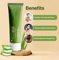 Shaveco shaving gel tube with aloe vera slices and benefits listed on a beige background.