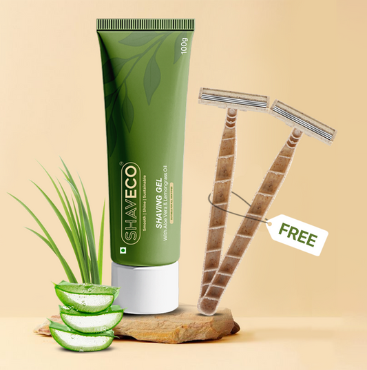 Shaveco shaving gel tube with aloe vera slices and free razor on a beige background