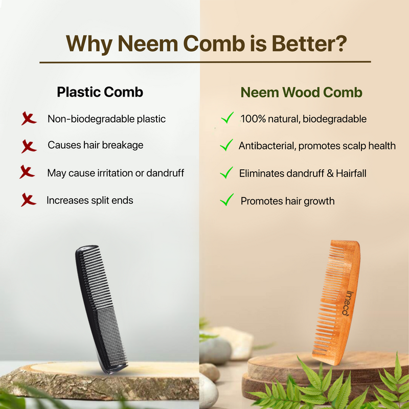 Comparison of plastic comb and neem wood comb with benefits highlighted.