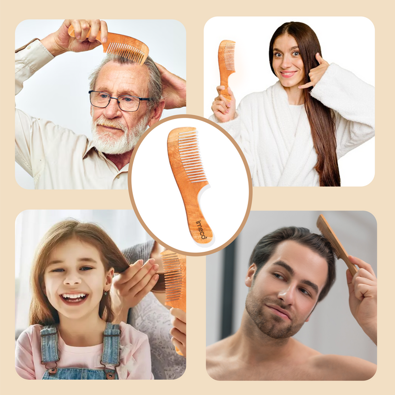 Collage of people using a neem wood comb on a beige background