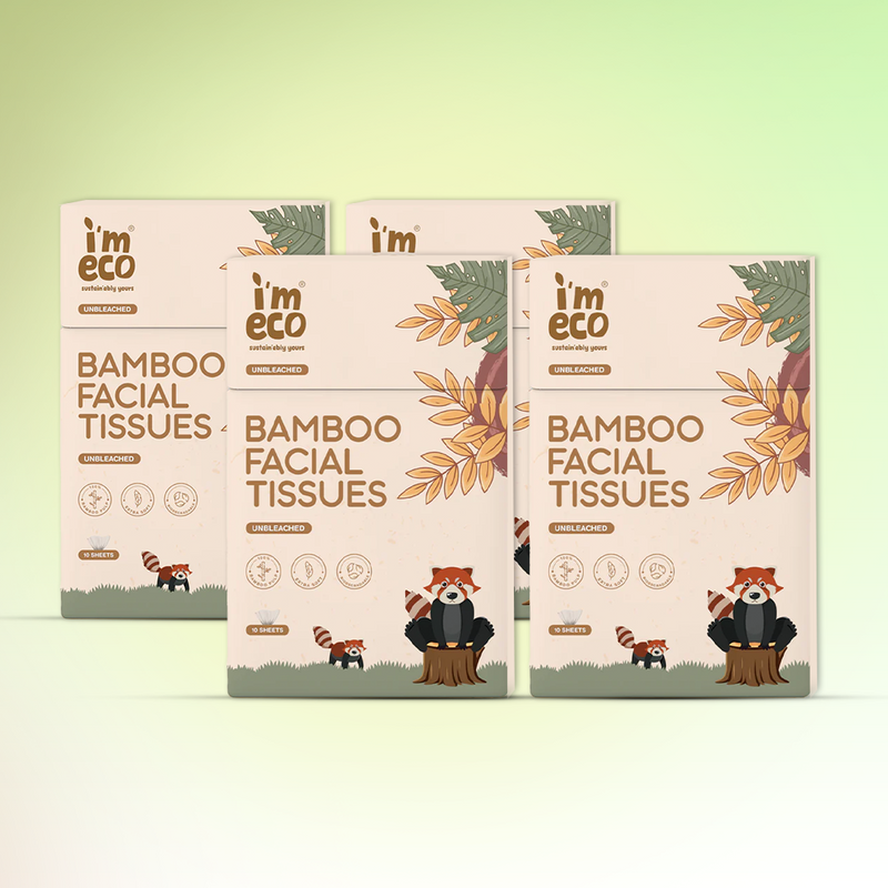 Four packs of Bamboo Facial Tissues with a cartoon illustration of a bamboo plant and a panda on the front.