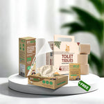 collection of imeco branded products including toilet tissues and kitchen towels on a white surface with a blurred green plant in the background.