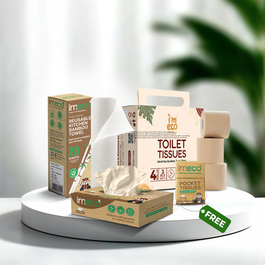 collection of imeco branded products including toilet tissues and kitchen towels on a white surface with a blurred green plant in the background.