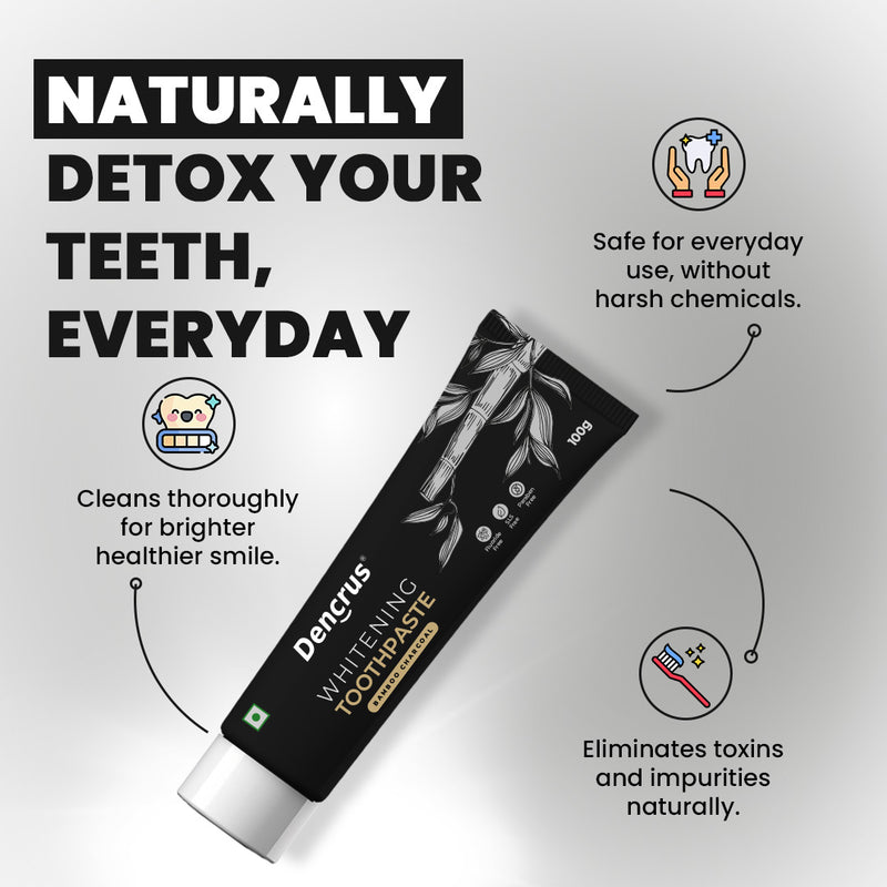 A tube of Dencrus Bamboo Charcoal Toothpaste presented against a white background with a tagline mentioned on this highlighting three USPs