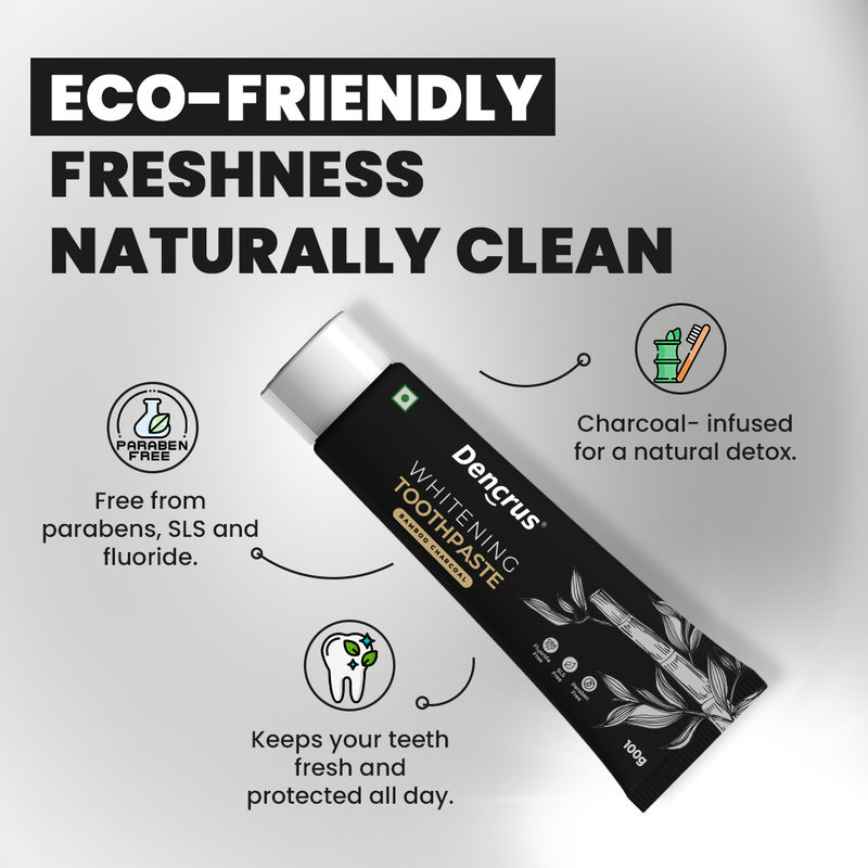 A tube of Dencrus Bamboo Charcoal Toothpaste presented against a white background with a tagline mentioned on this highlighting three USPs