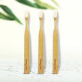 Three NANO bamboo toothbrushes with white bristles standing upright on a wooden surface, with the brand name 'Dencrus' visible on the handle.