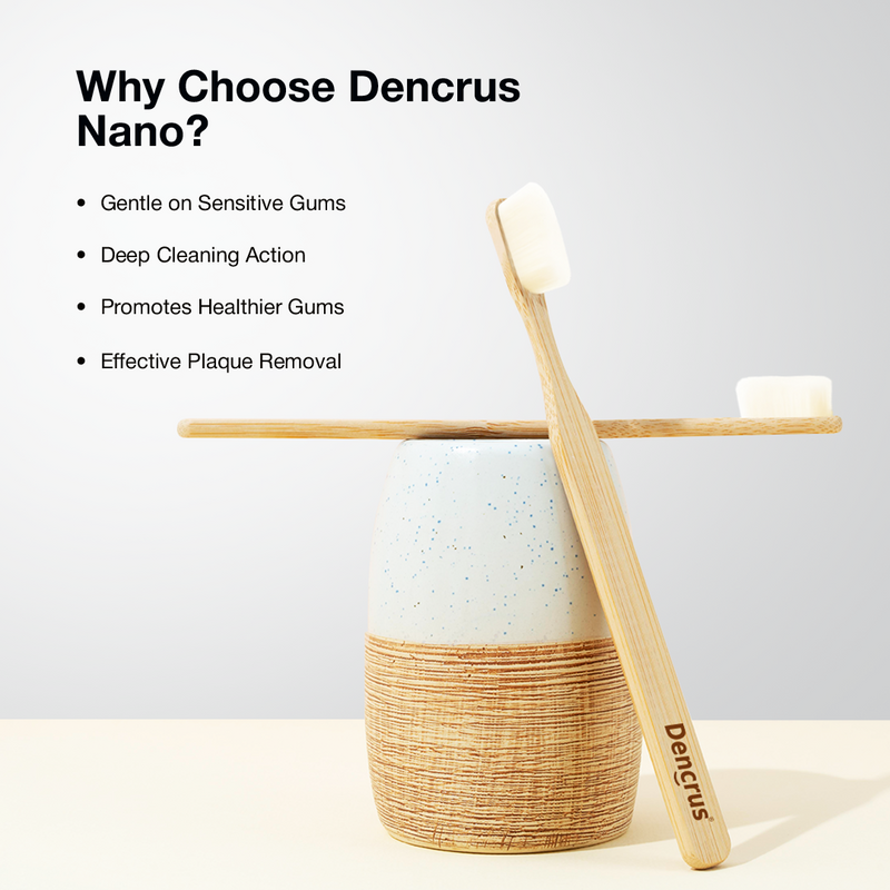 Two Dencrus NANO Bamboo Toothbrush against a white background and the features and the benefits are mentioned