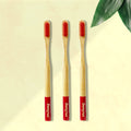 Three Dencrus ORBY Plus bamboo toothbrushes with red bristles and green and white branding on the handle, displayed on a beige background with a green leaf to the side.