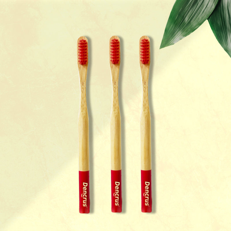 Three Dencrus ORBY Plus bamboo toothbrushes with red bristles and green and white branding on the handle, displayed on a beige background with a green leaf to the side.
