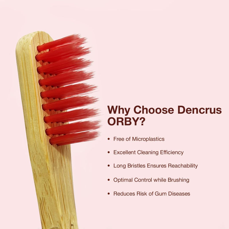 A close up shot pf Dencrus ORBY Plus red toothbrush against a light background. In the background the features are mentioned. 