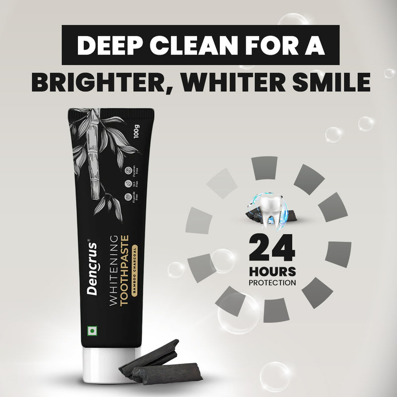 A tube of Dencrus Whitening Toothpaste with charcoal particles visible, presented against a white background with a tagline mentioned on this