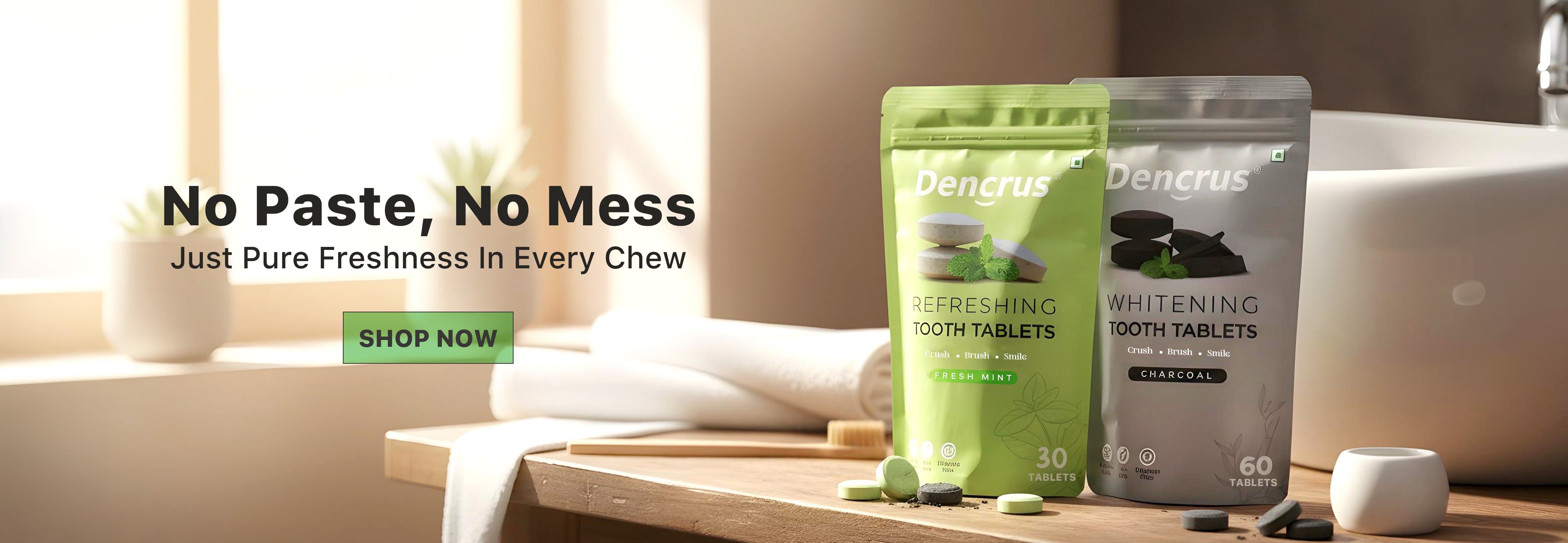 dencrus tooth tablets packaging on a wooden surface with a bathroom background4