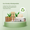 eco-friendly products including bamboo toothbrushes and tissue on a green platform with text about sustainability.