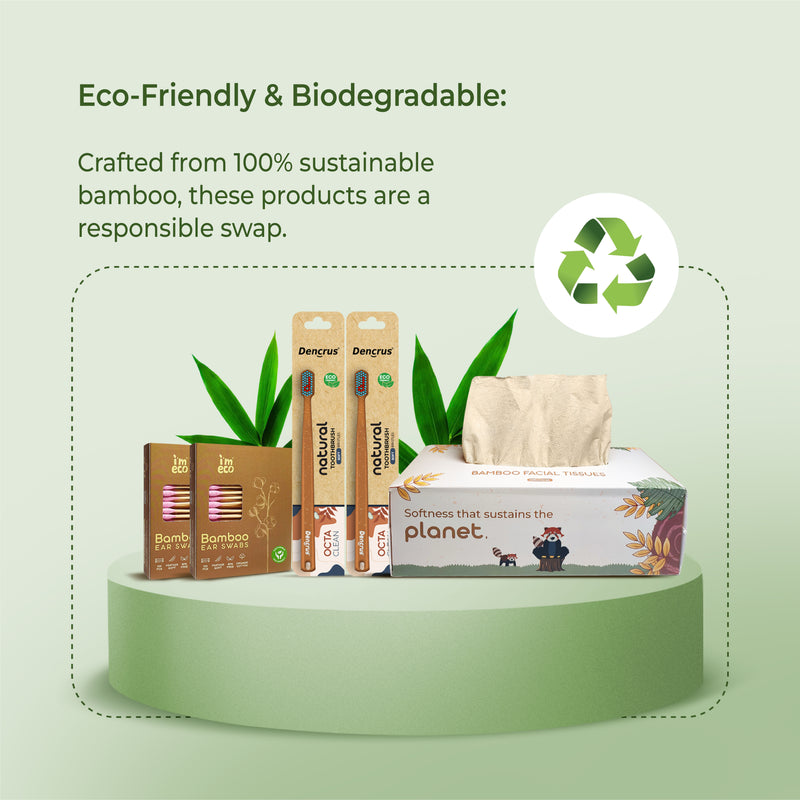 eco-friendly products including bamboo toothbrushes and tissue on a green platform with text about sustainability.