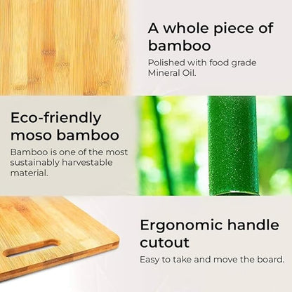 An image of IMECO Bamboo Chopping Board where 3 key features  are mentioned