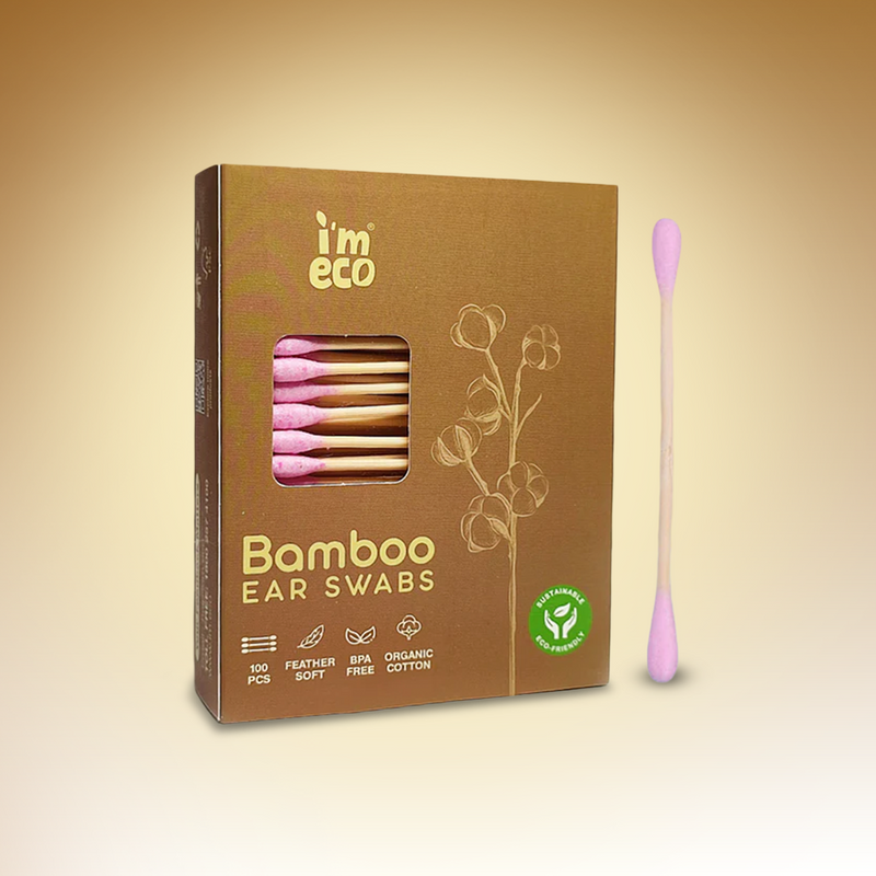 A box of IMECO Bamboo Cotton Ear Swabs with individual swabs visible, showcasing the bamboo stick and cotton tip, against a beige background.