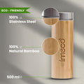 IMECO Bamboo Flat lid bottle is placed against a white background and 3 key features of the bottle is magnified. 