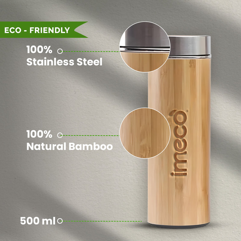 IMECO Bamboo Flat lid bottle is placed against a white background and 3 key features of the bottle is magnified. 