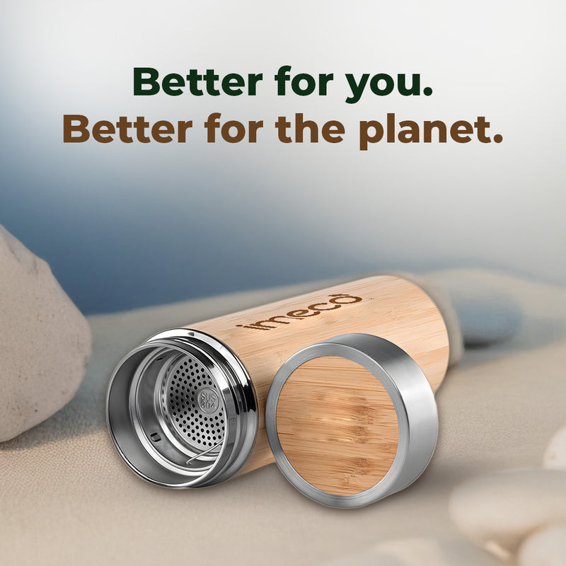 IMECO Bamboo Flat lid bottle with metal strainer on a natural stone background, featuring the brand 'imeco'.