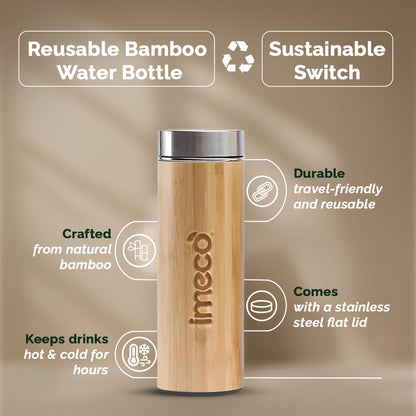 IMECO Bamboo Flat lid water bottle with stainless steel lid on a brown background highlighting the key features. 