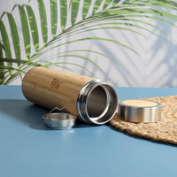 An image of IMECO Bamboo Flat lid bottle is placed on a blue background with strainer and stainless steel cap is visible against a white background. 