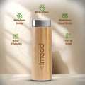 IMECO Bamboo Flat lid bottle is placed on white background and the 'imeco' branding is visible on the bottle. In the background 5 key features are mentioned. 