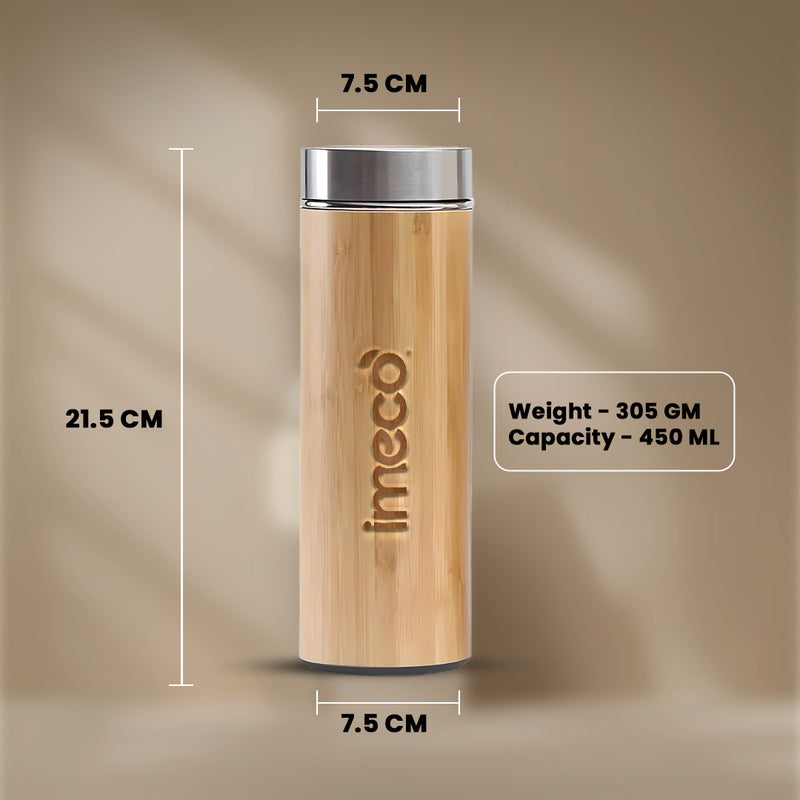 IMECO Bamboo Flat lid water bottle with measurements and brand name on a beige background