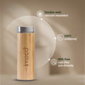 IMECO Bamboo Falt lid water bottle with stainless steel lid on a beige background, featuring limeco branding and product features.