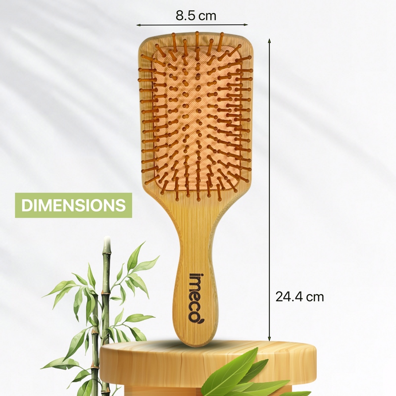 IMECO Bamboo hairbrush with dimensions labeled on a white background