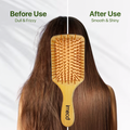 Bamboo Hairbrush with 'imeco' branding showing transformation of hair from dull and frizzy to smooth and shiny.