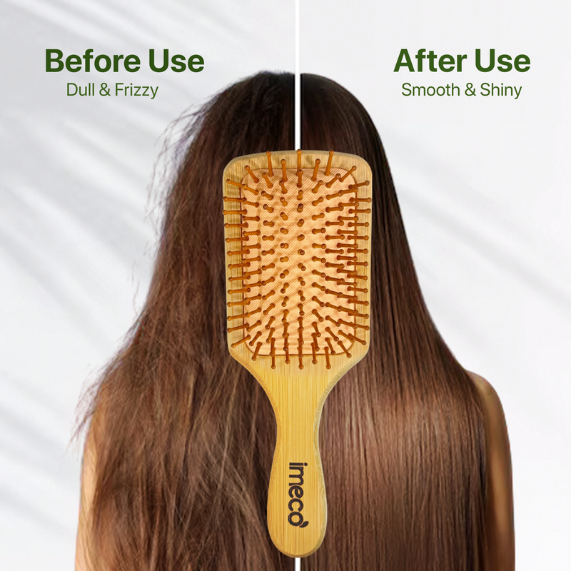 Bamboo Hairbrush with 'imeco' branding showing transformation of hair from dull and frizzy to smooth and shiny.