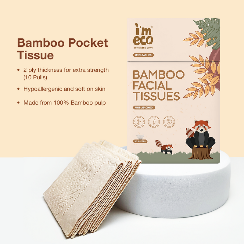 A pack of IMECO Bamboo Pocket Tissues on a white round cushion and in the background the features are written