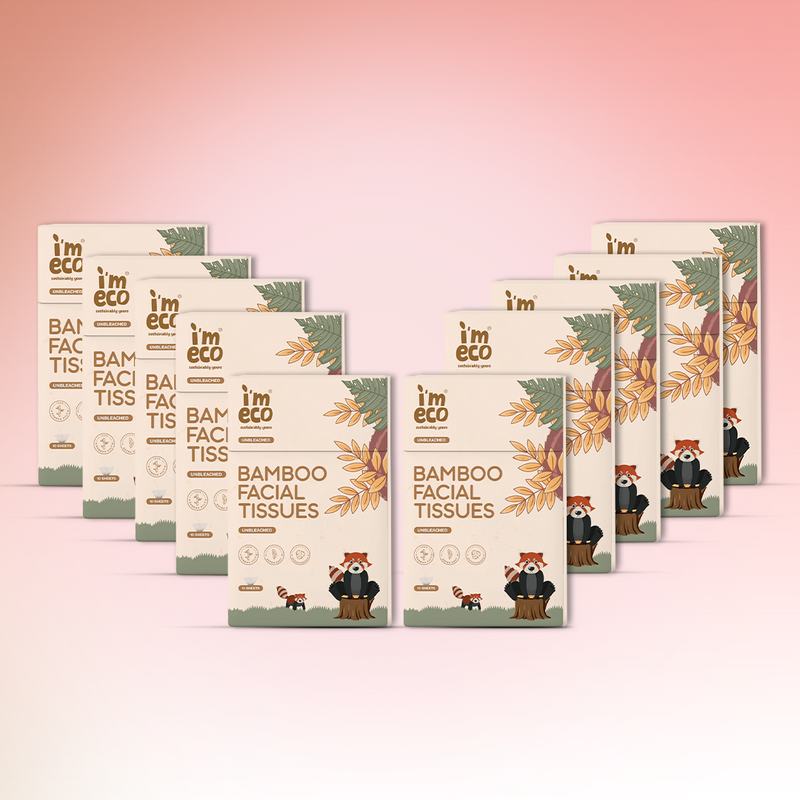 Ten packs of IMECO Bamboo Pocket Tissues with packaging that features bamboo leaves and an illustration of a red panda sitting on a tree stump.