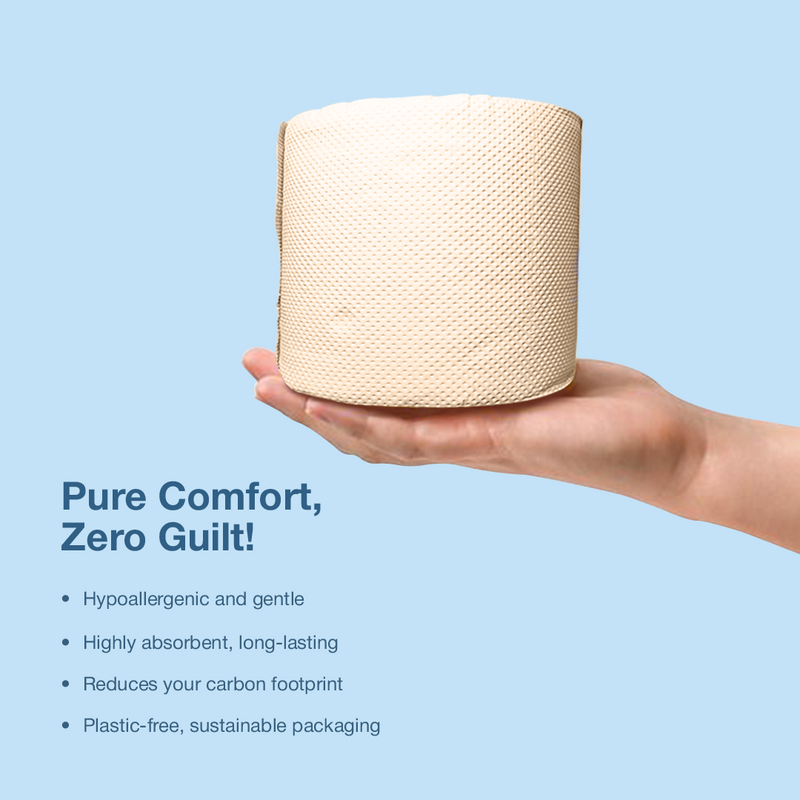 A human is holding an IMECO Toilet Tissue roll against a light background and key features are mentioned