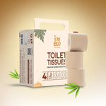 Packaging and rolls of IMECO bamboo toilet tissue with branding and eco-friendly symbols displayed.