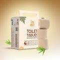 Packaging and rolls of IMECO bamboo toilet tissue with branding and eco-friendly symbols displayed.