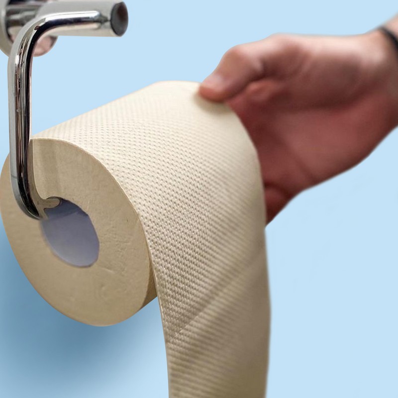 A human hand is holding IMECO Bamboo Toilet Tissue roll. 