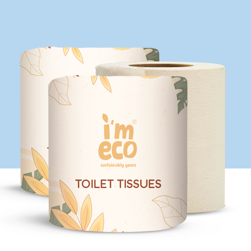 Pack of IMECO bamboo toilet tissues with 3-ply thickness, ultra-soft, eco-friendly and biodegradable features, displayed alongside its packaging which has branding and product information.