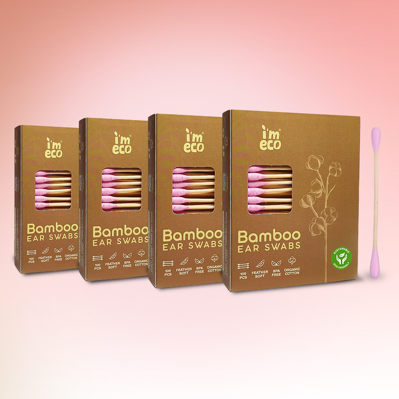 Four boxes of IMECO Bamboo Cotton Ear Swabs with individual swabs visible, showcasing the bamboo stick and cotton tip, against a beige background.