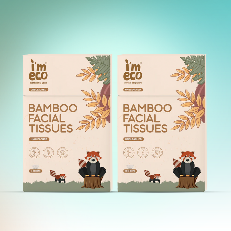 Two packs of IMECO Bamboo Facial Tissues with a cartoon illustration of a bamboo plant and a panda on the front.