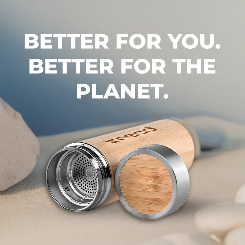 IMECO Bamboo Flat lid bottle is tilted and placed on light surface and in teh background a tagline s mentioned against a light blue background 