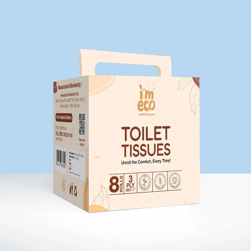 A jumbo pack of IMECO Bamboo Toilet Tissue roll placed on a white surface against a light background having 8 rolls